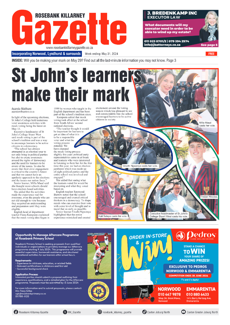 Rosebank Killarney Gazette 31 May 2024 page 1